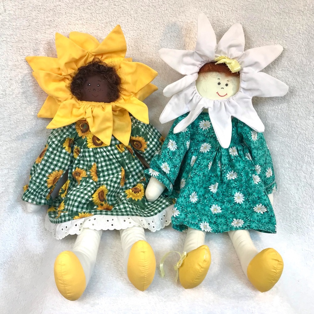 Vintage handmade rag dolls flower girls sunflower dress plush primitive decor